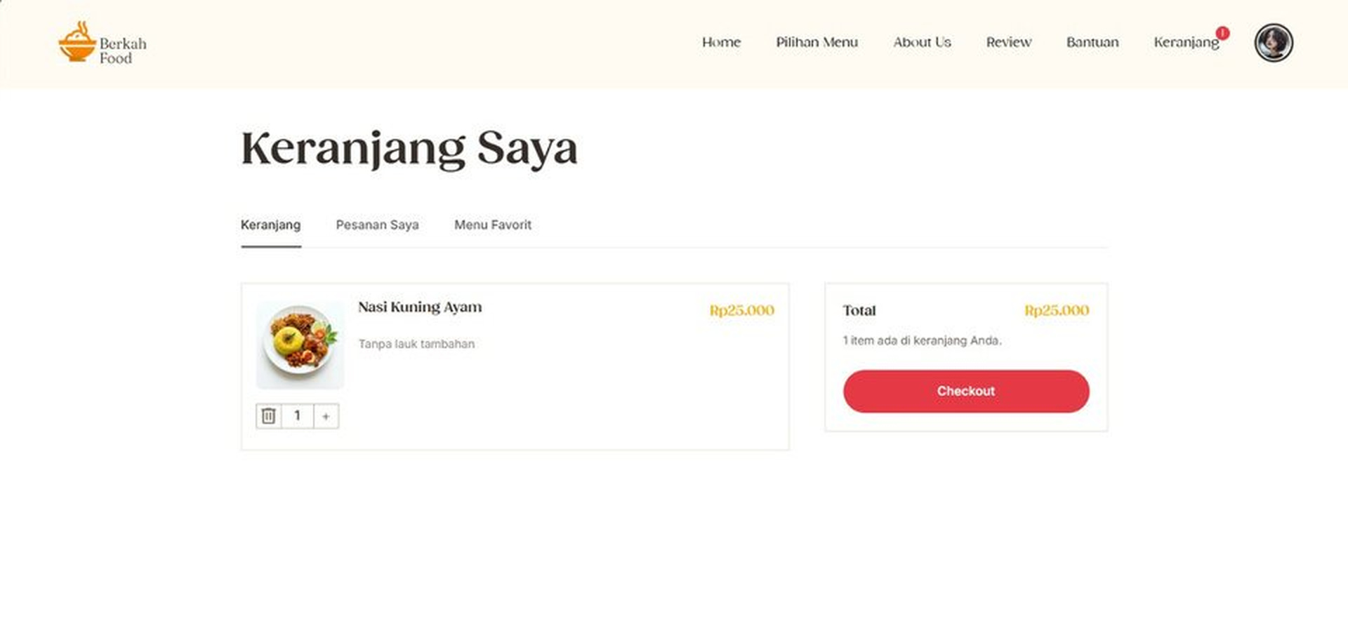 Tampilan halaman keranjang dan checkout BerkahFood